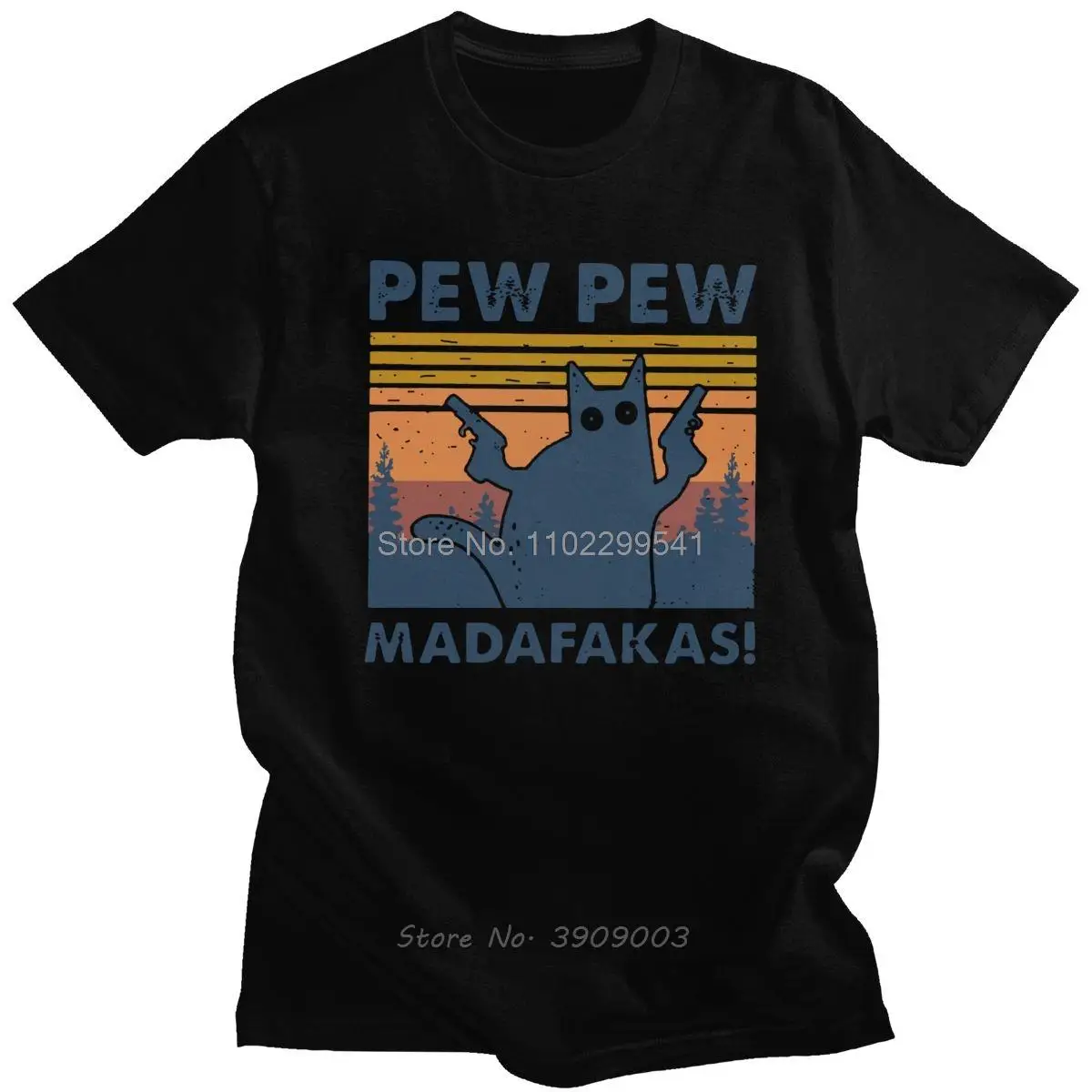 Cool Men's Funny Cat Pew Pew Madafakas T Shirt Short Sleeve Cotton T-shirt Vintage Crazy Cat Tees Top Humor Tshirt