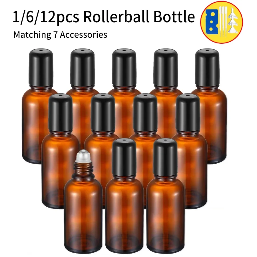 1/6/12 szt. Bursztynowe butelki roll-on ze szkła, wielokrotnego użytku, na olejki eteryczne, perfumy, puste pojemniki na próbki