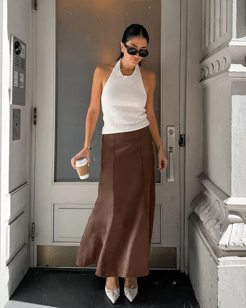 2024 Autumn And Winter Retro New Fashion Knitted Frosted Velvet Khaki Slim High Waist Straight Skirt Casual Long Skirt For Women