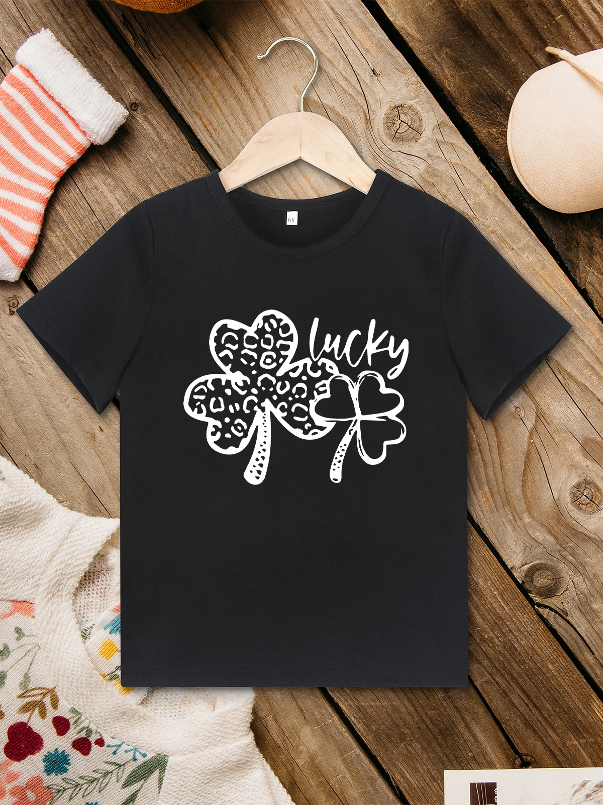 

Lucky Clover Kids T-shirt Simple Summer Casual Style Black Tops Basic Round Neck Tees Comfy Fabric High Quality Children Shirt