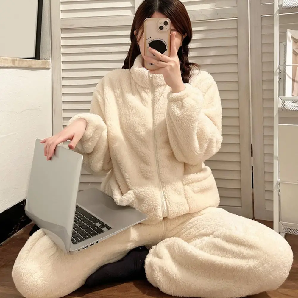 Autumn Winter Fleece Pajamas Women Fleece-lined Thickened 2024 New Zip-up Warm Home Wear Set