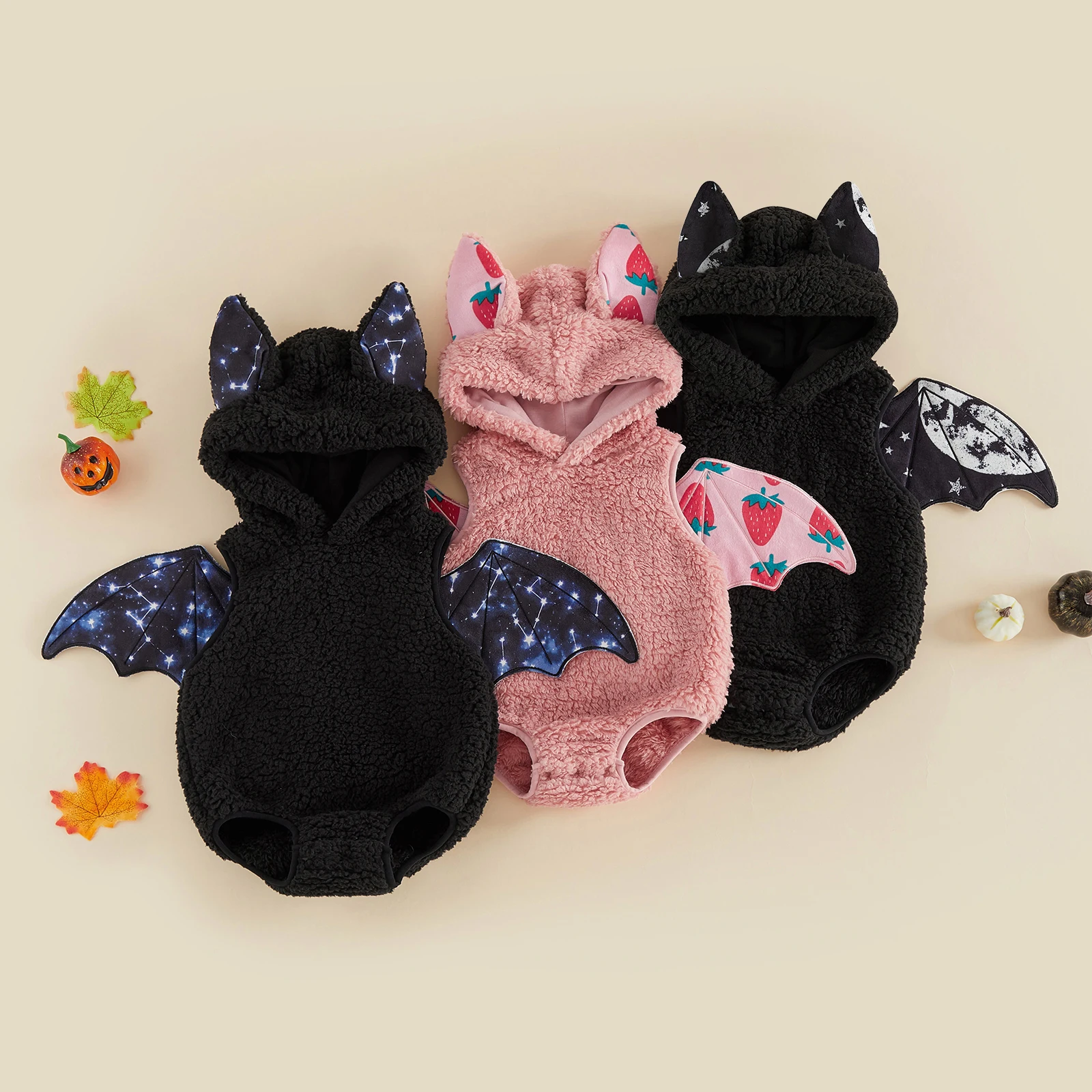 Baby Halloween Bat Costume Bat Wing Design Warm Plush Sleeveless Hooded Romper Halloween Cosplay Clothes