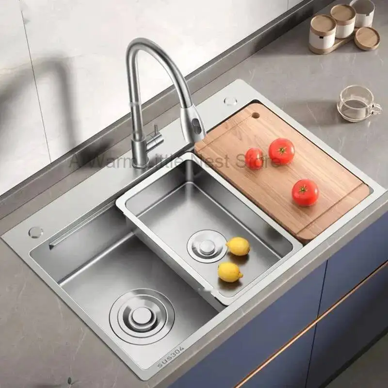 Silver Kitchen Accessories Modern Stainless Steel Kitchen Sinks Dish Drainer Large Single-slot Thickened Side Drain Washbasin L