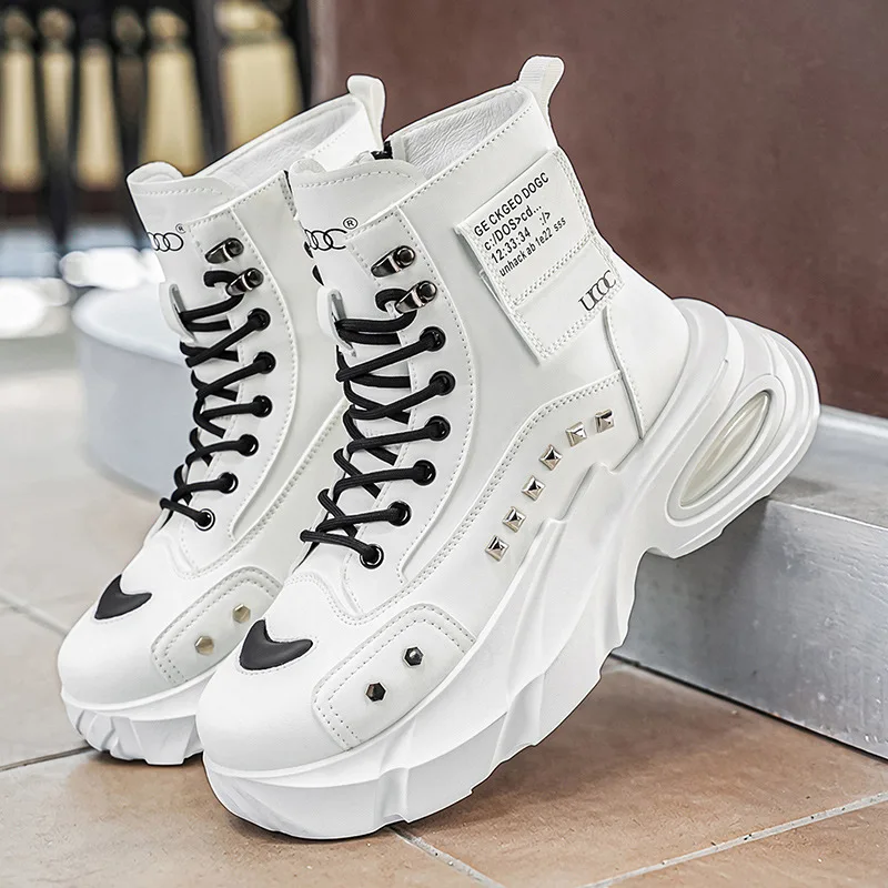 

Men's casual leather thick soled height increasing short boots high top outdoor sports shoes