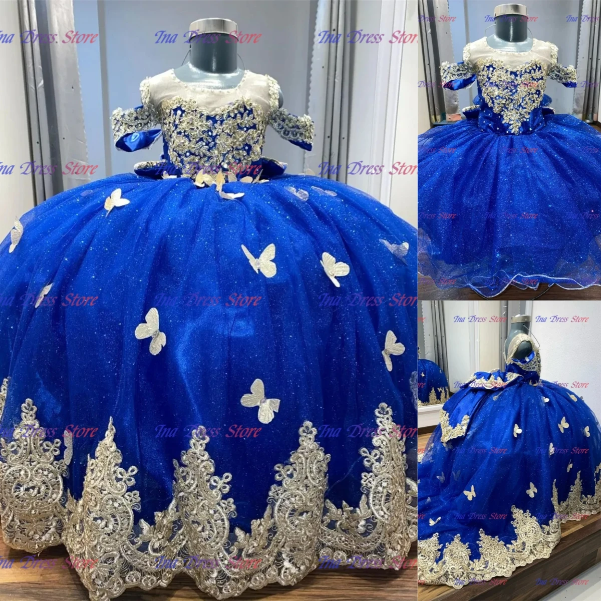 

Quality Royal Blue Flower Girl Dress Tulle Fluffy Exquisite Gold Butterfly Appliqué For Princess Kids Birthday Party Ball Gowns