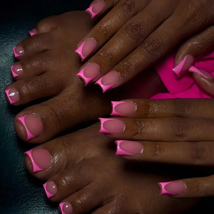 Hot Pink French Square Nails & Toenails Combo, Nude Base Reusable Press On Kit for Daily Wear