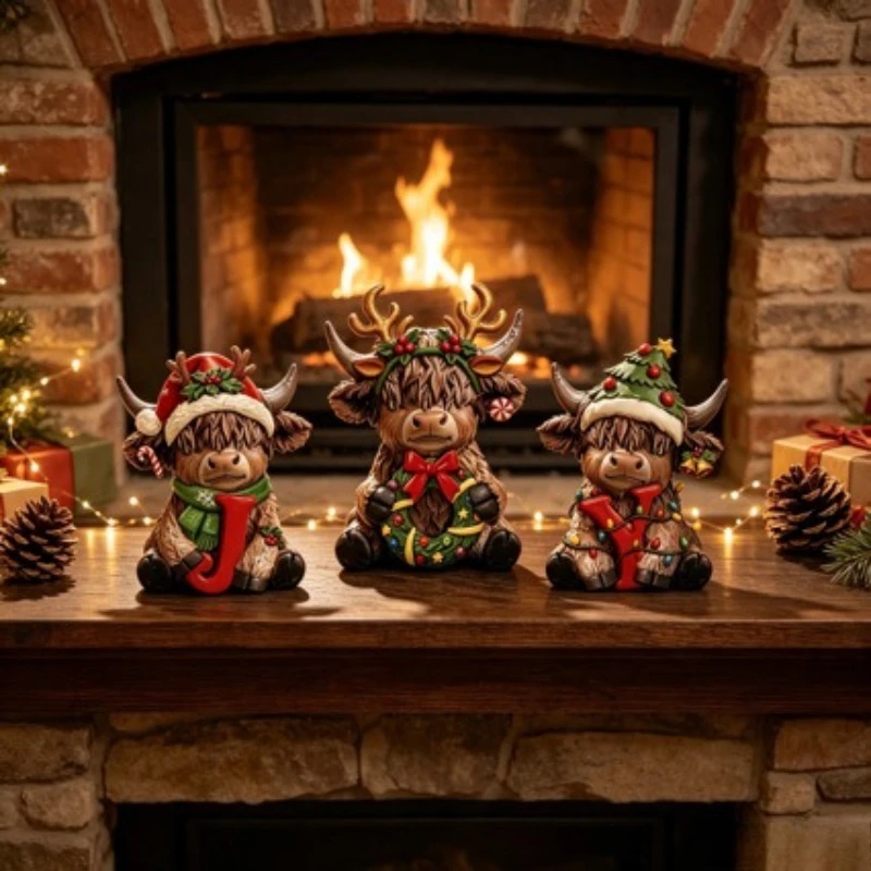 3Pcs Christmas Highland Cow Desktop Ornament Cute Scottish Yak For Desktop Shelves Farm Home Christmas Party Decoration Gifts