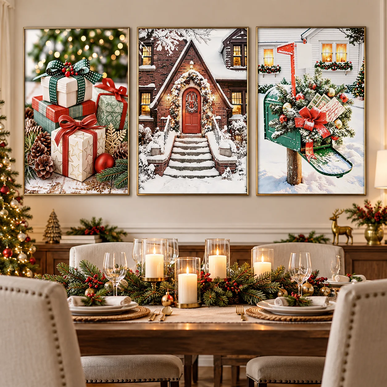 3PCS Christmas Gift Snowy House Mailbox Canvas Wall Art, Warm Winter Xmas Prints, Suitable for Christmas Room Decoration