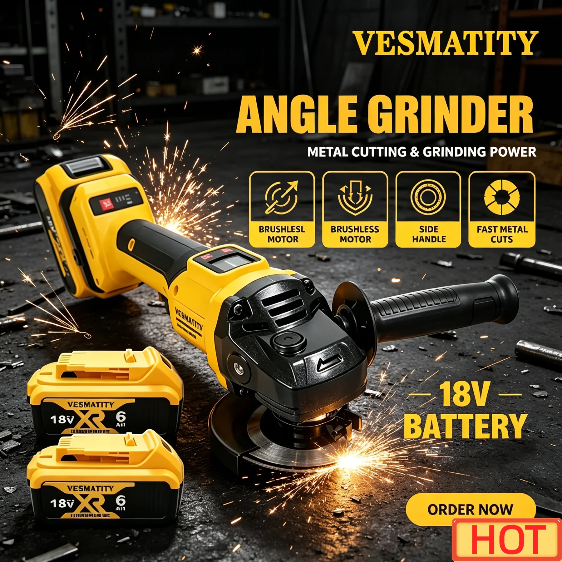 Vesmatity 18V 20V Brushless Digital Display Angle Grinder Impact Tool Metal Wood Polishing Grinding Battery Pro Max