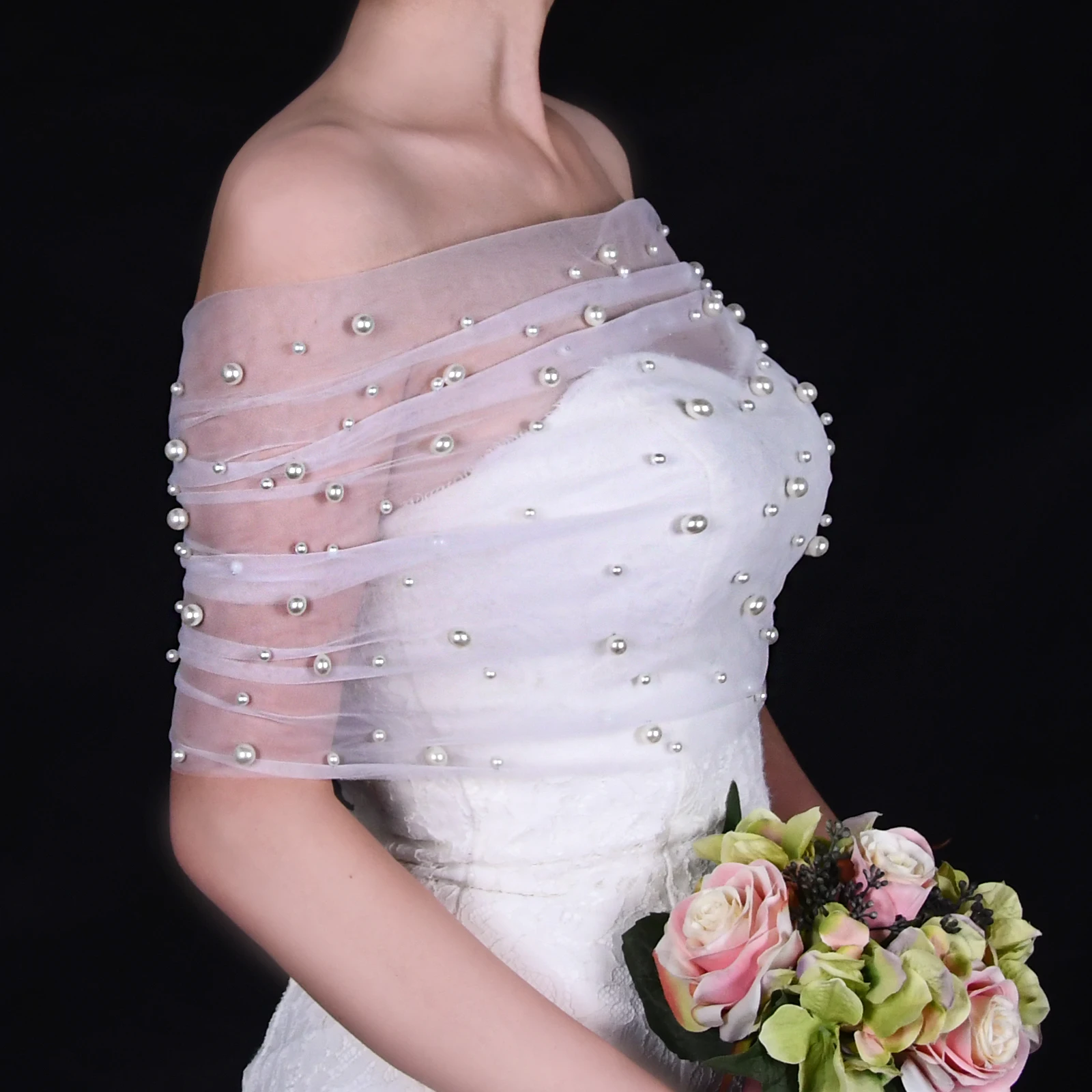 VG73a Wedding Wrap Pearls Beaded Top Wrap Wedding Accessories Bolero Bridal Cloak Pearls Wedding Cape Pearls Tulle Short Prom