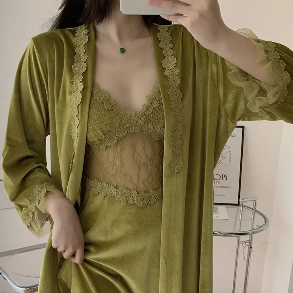 

Women Long Sleeve Sleepwear Set Sexy Lace Strap Sleep Dress Two Piece Set Spring Autumn Korean Style Home Comfort