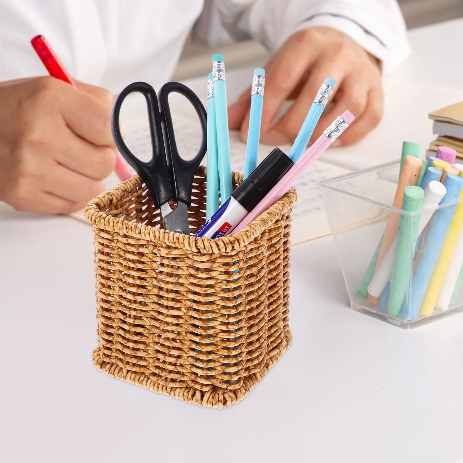 Wooden Style Plastic Pen Holder for Desk Organizer Stationery Storage Box Decorative Pencil Container Office Supplies