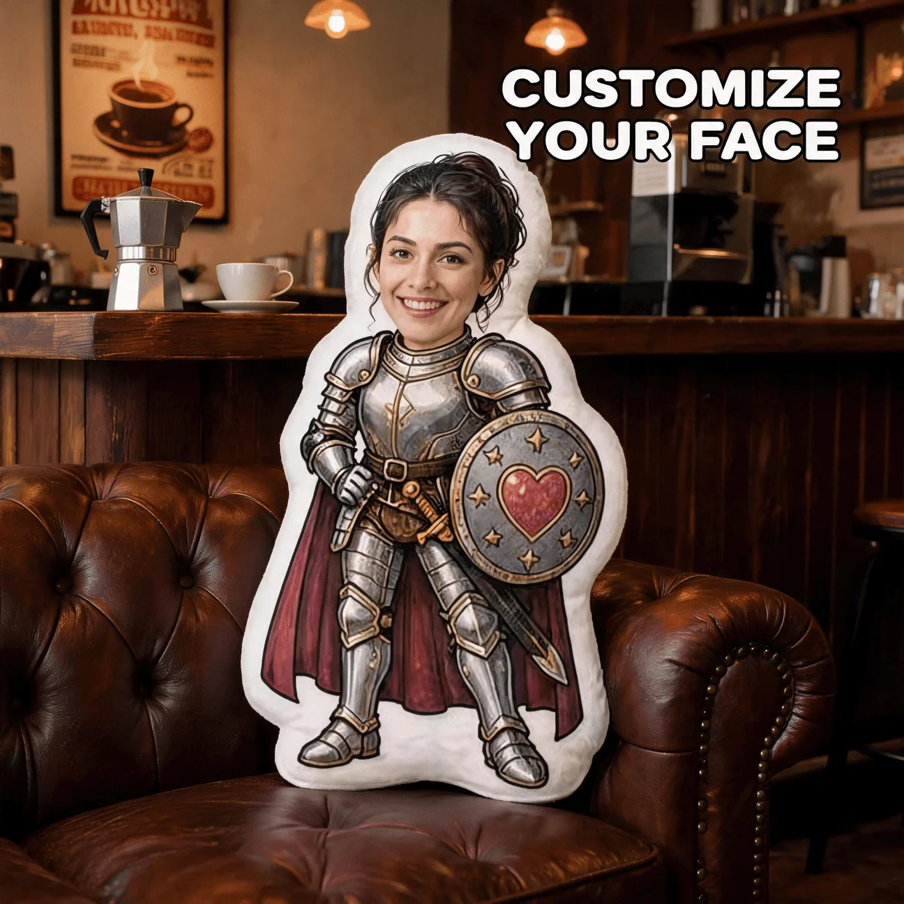 Custom Photo Knight Warrior Shaped Pillow, Personalized Face in Silver Armor Decorative Cushion, Unique Home Decor Accent for So