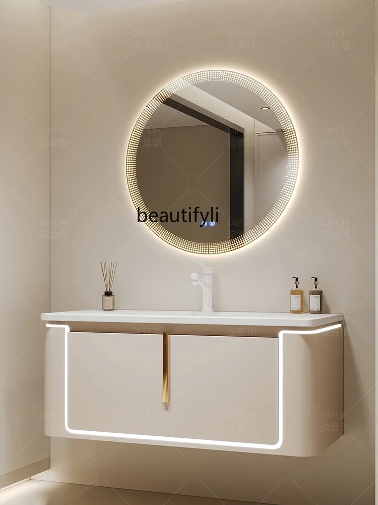 

Corian integrated basin bathroom cabinet combination cream wind oak arc washbasin smart round mirror