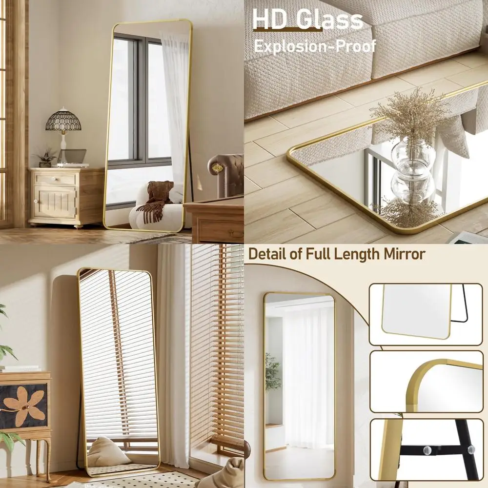 

Full Length Gold Mirror 65x24 - Floor Standing or Leaning, Rounded Corners, Versatile for Bedroom Use
