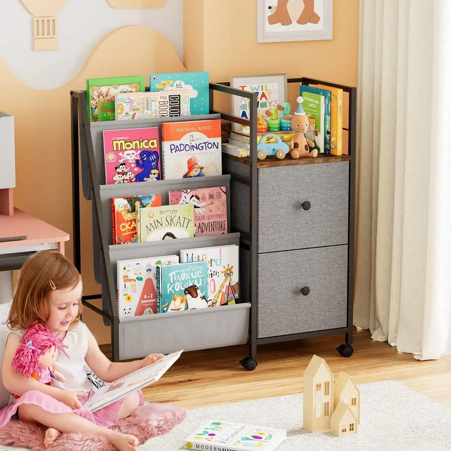 رف لغرف الأطفال، رف كتب للأطفال الصغار مع مساحة تخزين للأطفال لغرفة الأطفال وغرفة النوم وغرفة اللعب، سهلة التجميع باللون الأسود