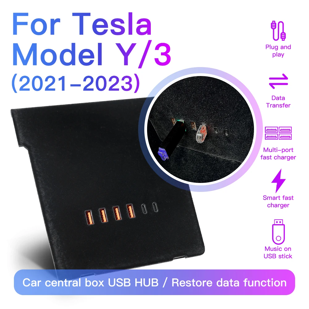 For Tesla Model 3 Model Y 2021-2023 Central Box USB HUB Restore Data Function 65W 30W 4 USB 2 Type-C Fast Charge Car Accessories