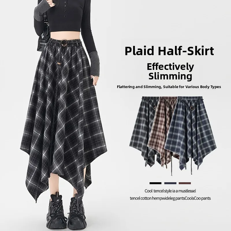 Women's A-Line Midi Skirt High Waist Elastic Waist Plaid Design Slimming Irregular Pattern Korean Style Commute Daily Wear