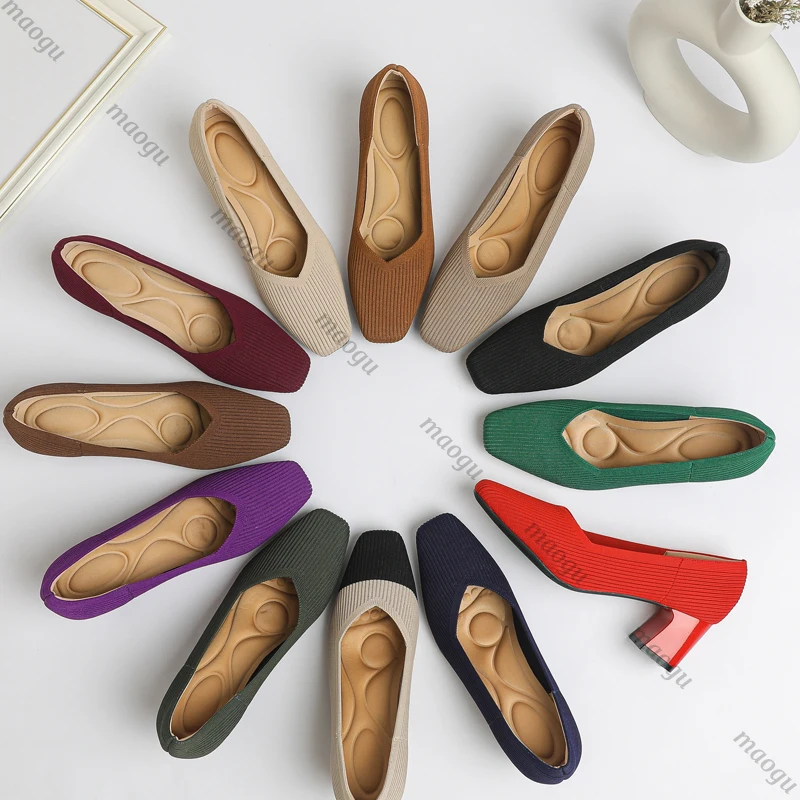 Sepatu Wanita Hak Tinggi Nyaman Rajutan Persegi Sepatu Flat Wanita Nyaman Sejuk (Tinggi 5Cm) Koleksi Baru 2025