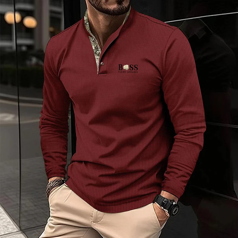 New men\'s autumn and winter leisure printed long sleeve POLO shirt High quality lapel button down T-shirt European size long sle