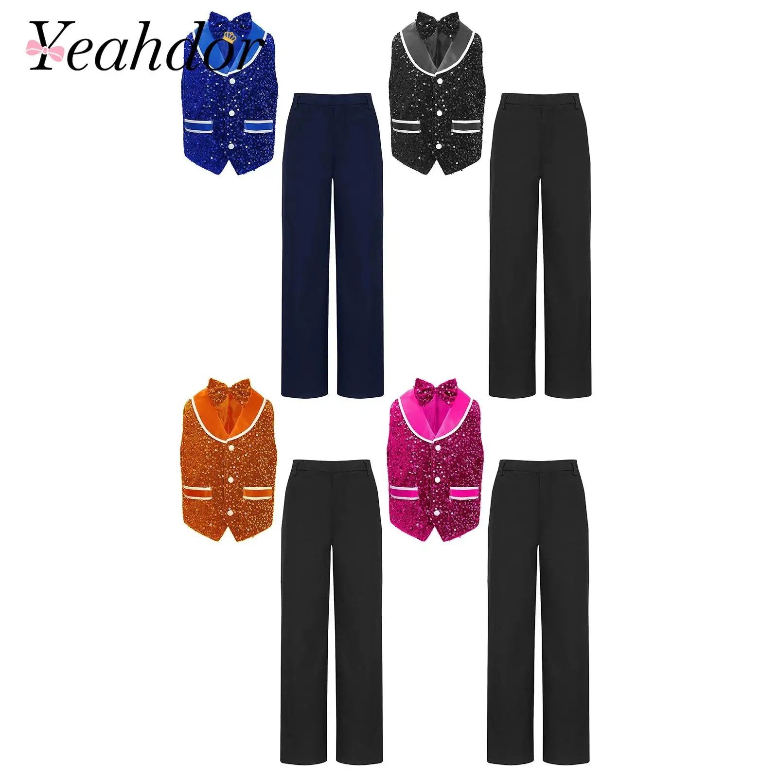 

Boys Birthday Party Outfits Dance Costume Sparkling Sequins Kids Performance Clothes Sets Waistcoat Pants Boy's Wedding Suits