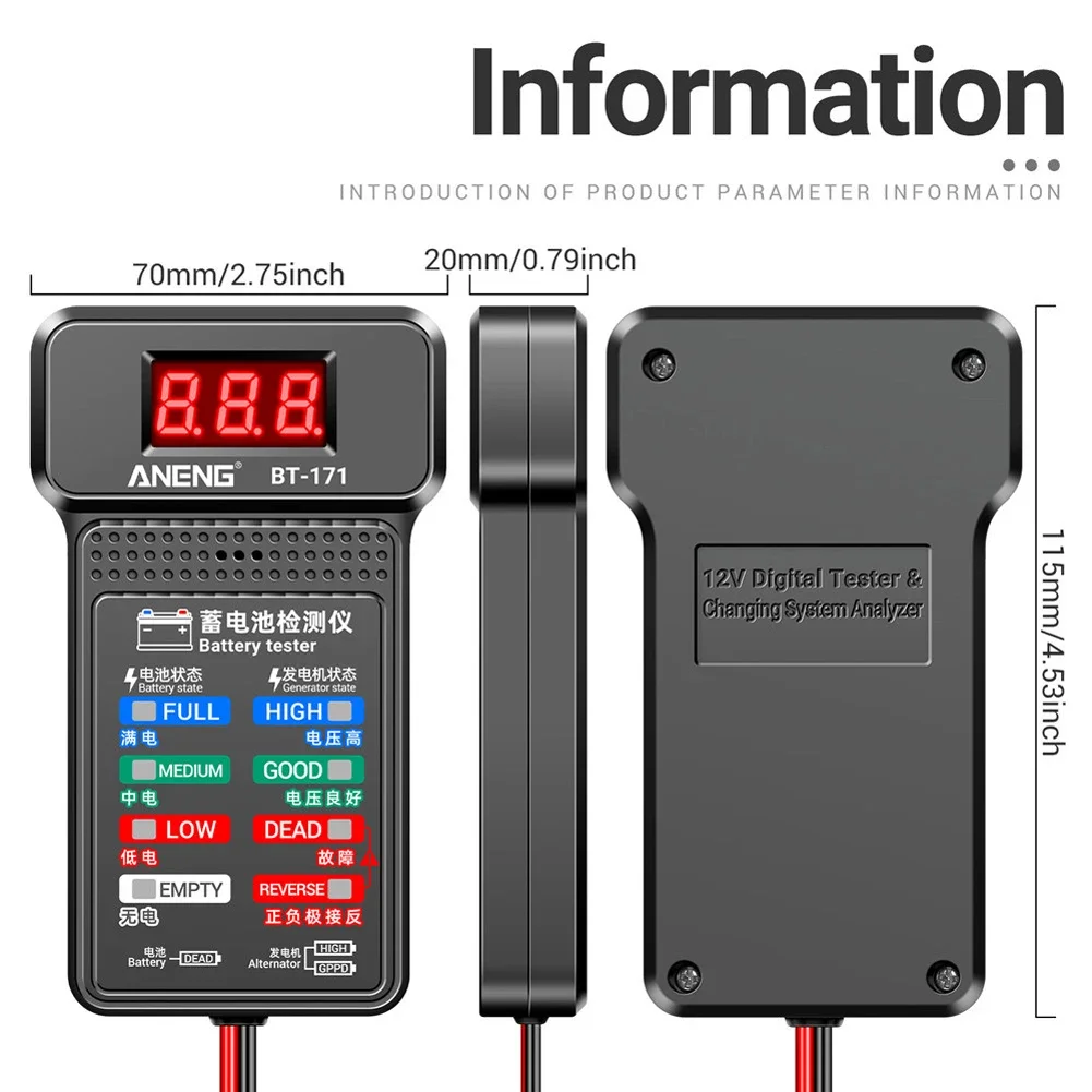 12V Car Battery Tester Portable Digital Battery Testing Device Electronic Alternator Tester for Vehicle Truck for SUV Automobile