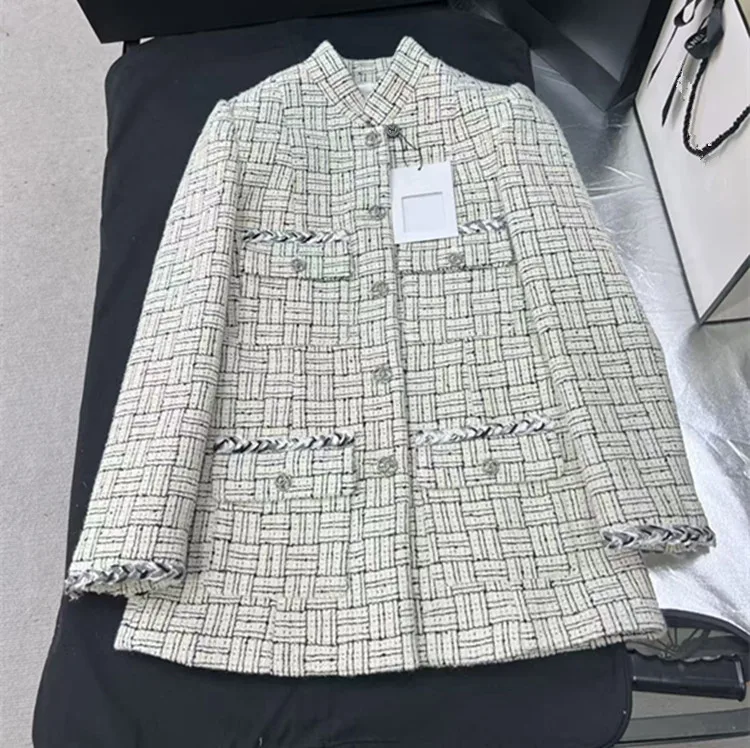 Customization European women's clothing summer new styles 2026 Long-sleeved stand-up collar single-button tweed coat Shorts set