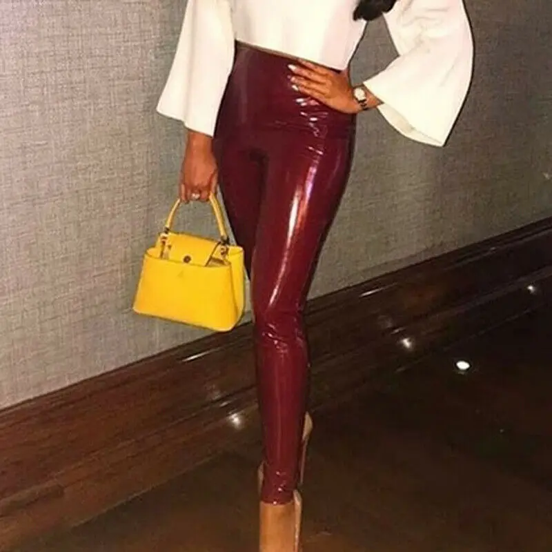 2021 Large S-XXXL New Design Women Bright Leather Sexy Leggings Red And Blue Mirror Pants Fun Casual Nightclub pearlite layer