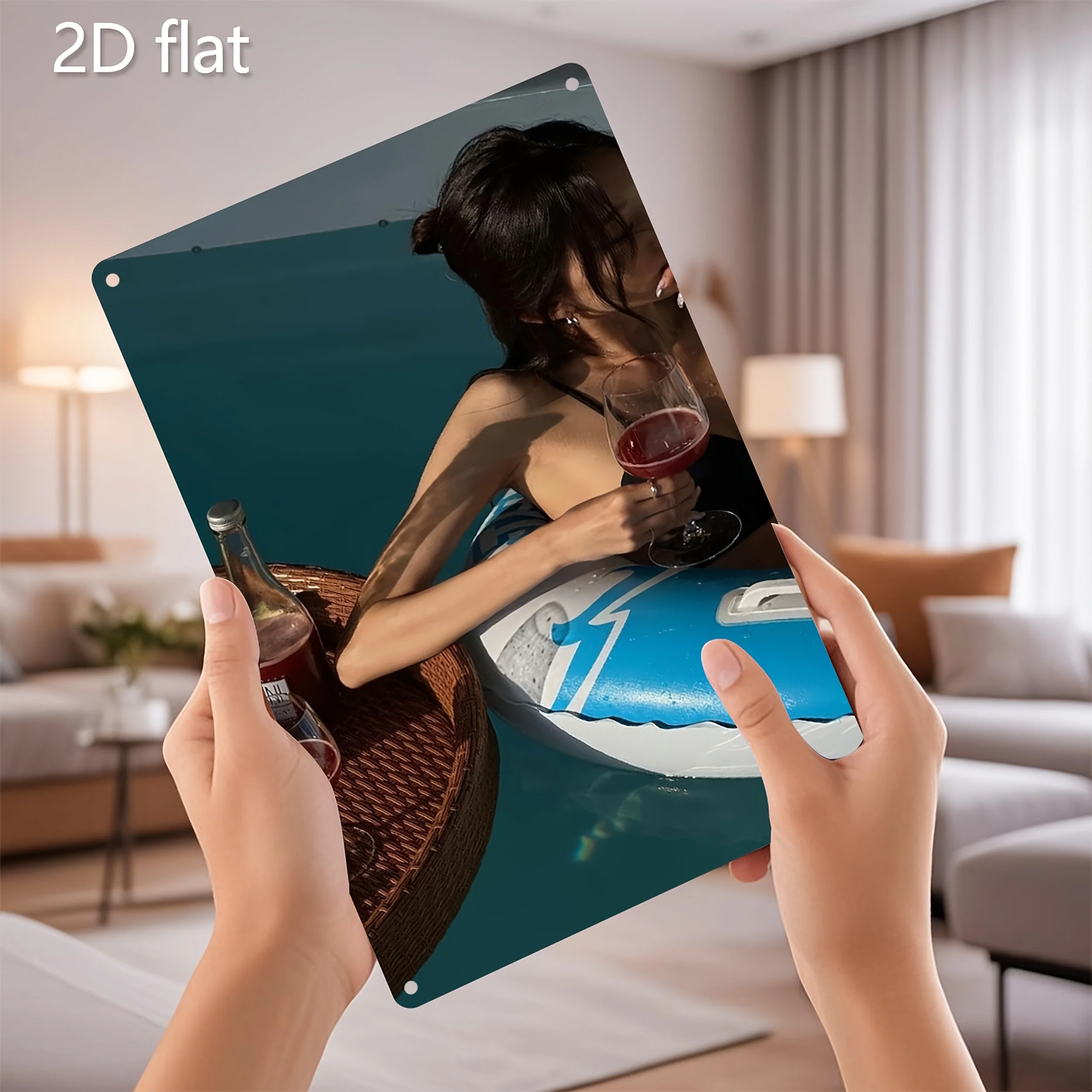 

2D Flat, 1pc 2D Flat Metal Wall Art - Iron Poolside Relaxation Decor With Wine Glass & Beach Scene, Pre-Drilled For Easy Hanging