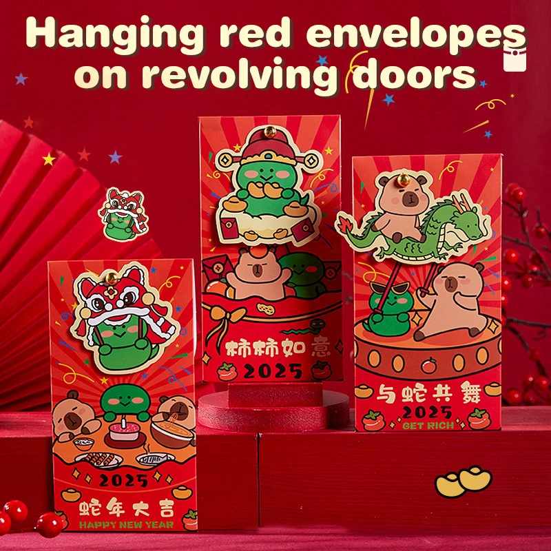 6Pcs Cartoon New Year Red Envelope Cute Capybara Best Wishes Blessing Bag Luck Money Bag Kawaii Door Handle Ornaments Gifts