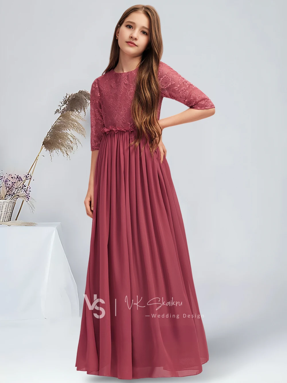 فستان وصيفة العروس من الشيفون بطول الأرض على شكل حرف a مع فستان فتاة الزهور على شكل زهرة القرفة المطوي للمراهقين في حفلات الزفاف #3