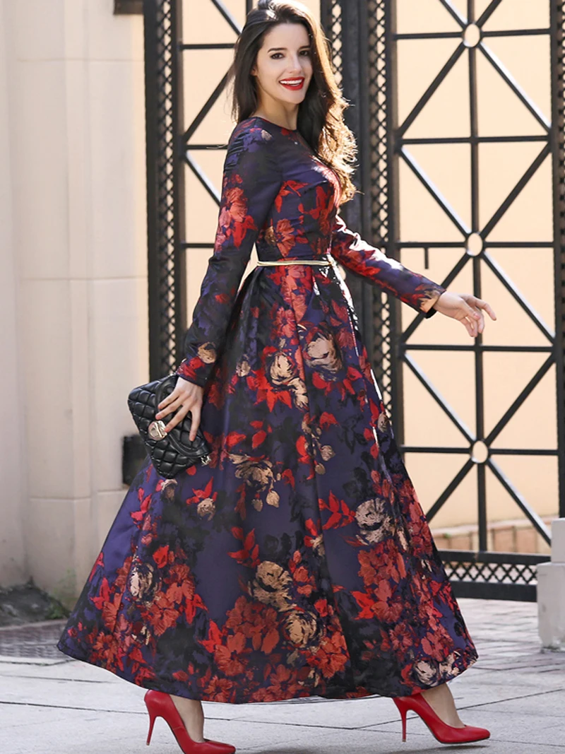 Devchua boa qualidade feminina manga longa maxi vestido outono moda boho floral jacquard senhoras elegante festa do vintage roupas muçulmanas