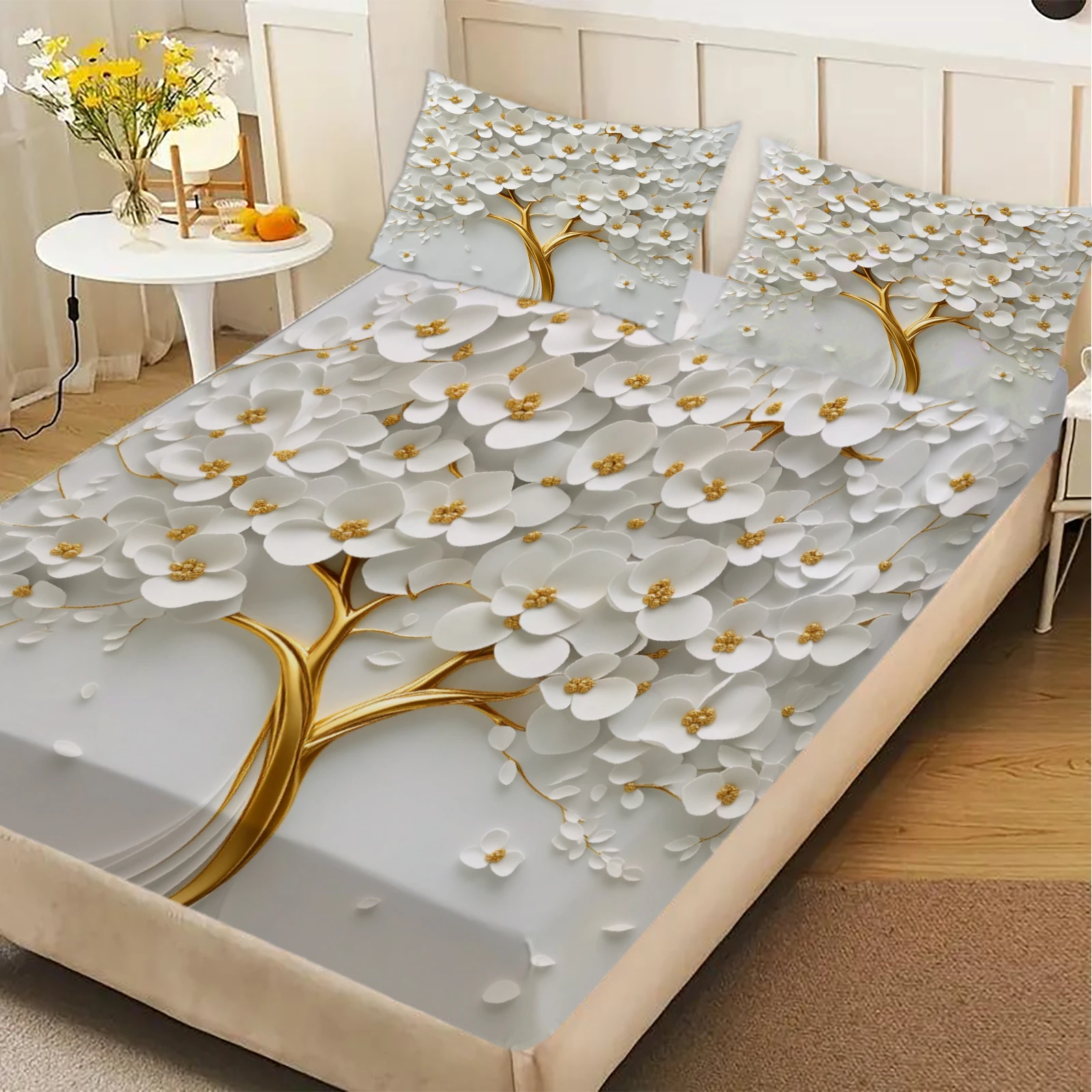 3D Floral Tree Fitted Sheet Set White Gold Flower Pattern Bedding With Pillowcases For Bedroom