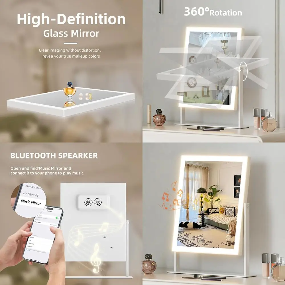 Bluetooth LED Makeup Mirror, 11.8x9.8, 3 Color Modes, Touch Control, Detachable 10X Magnifier, 360° Rotation