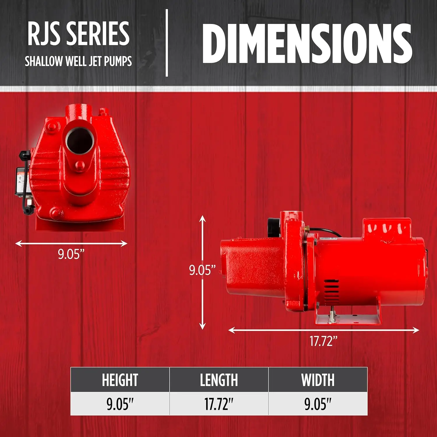 RJS-100-PREM 1 HP, 23 GPM, 115/230 Volt, Premium Cast Iron Shallow Well Jet Pump, Red, 602208, 9.1 x 17.8 x 9.1 inches