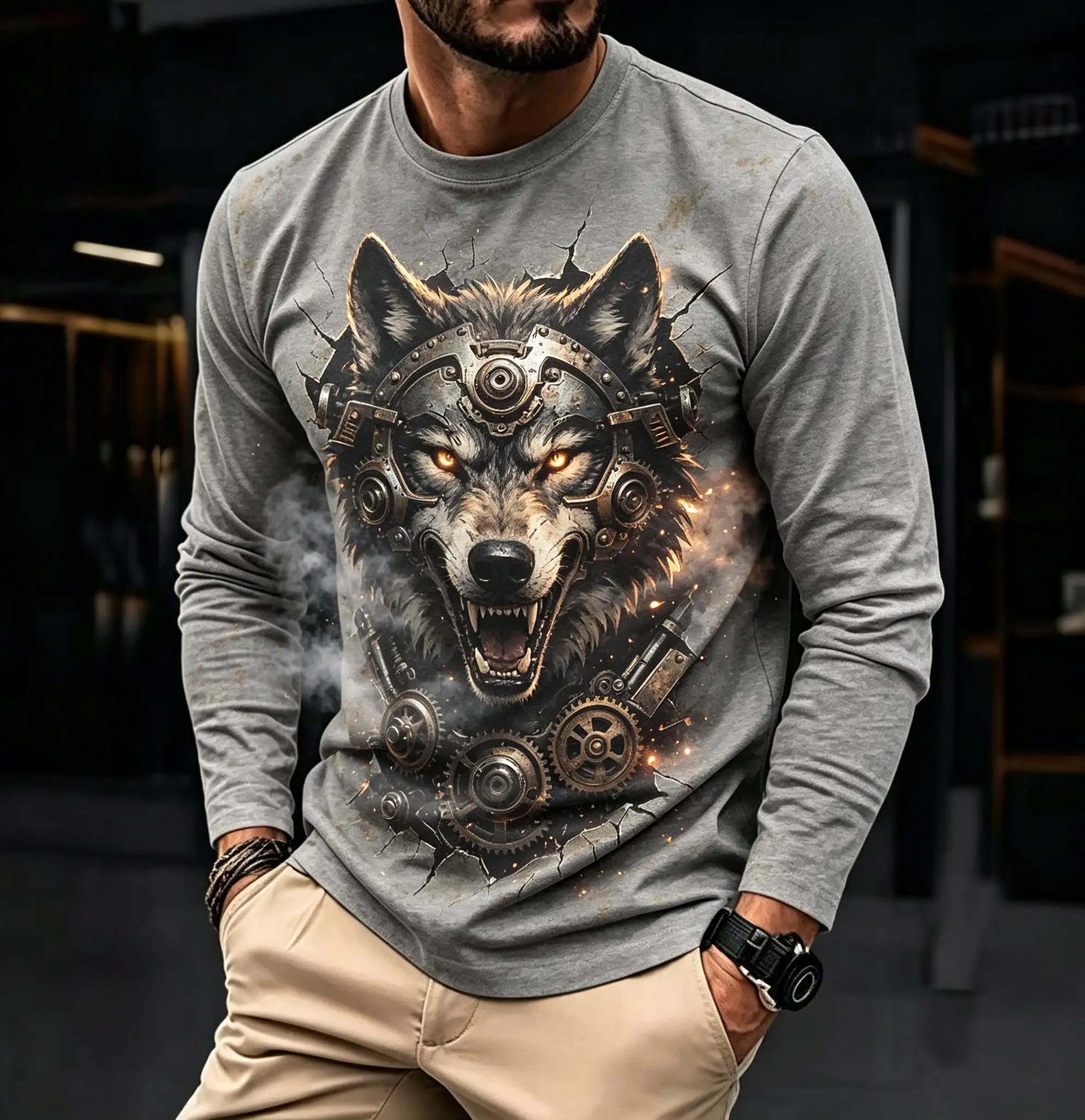 Mens Casual Long Sleeve T-shirt Black Red Steampunk Wolf Head Gear Fire Print Fashion Blouse