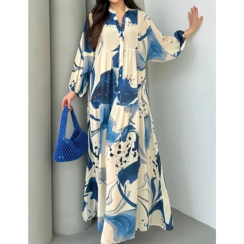 Moda Boho Stampa floreale Maxi abito manica lunga scollo a V vestibilità ampia elegante abito da festa casual caftano caftano arabo Jalabiya Ramadan