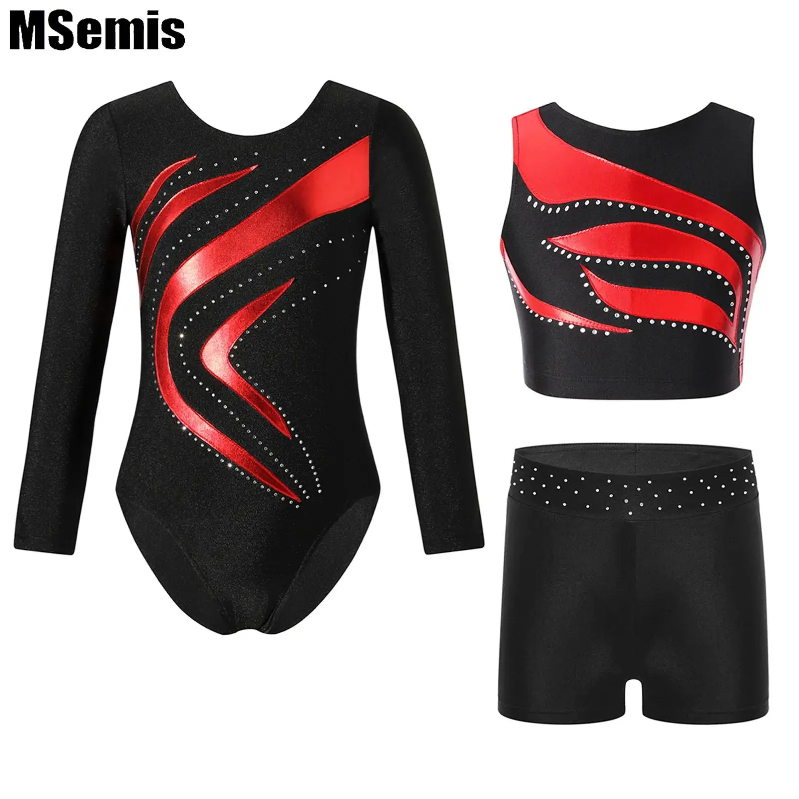 

Kids Girls Gymnastics Ballet Outfit Long Sleeve Metallic Patchwork Leotard with Crop Top And Rhinestones Waistband Shorts