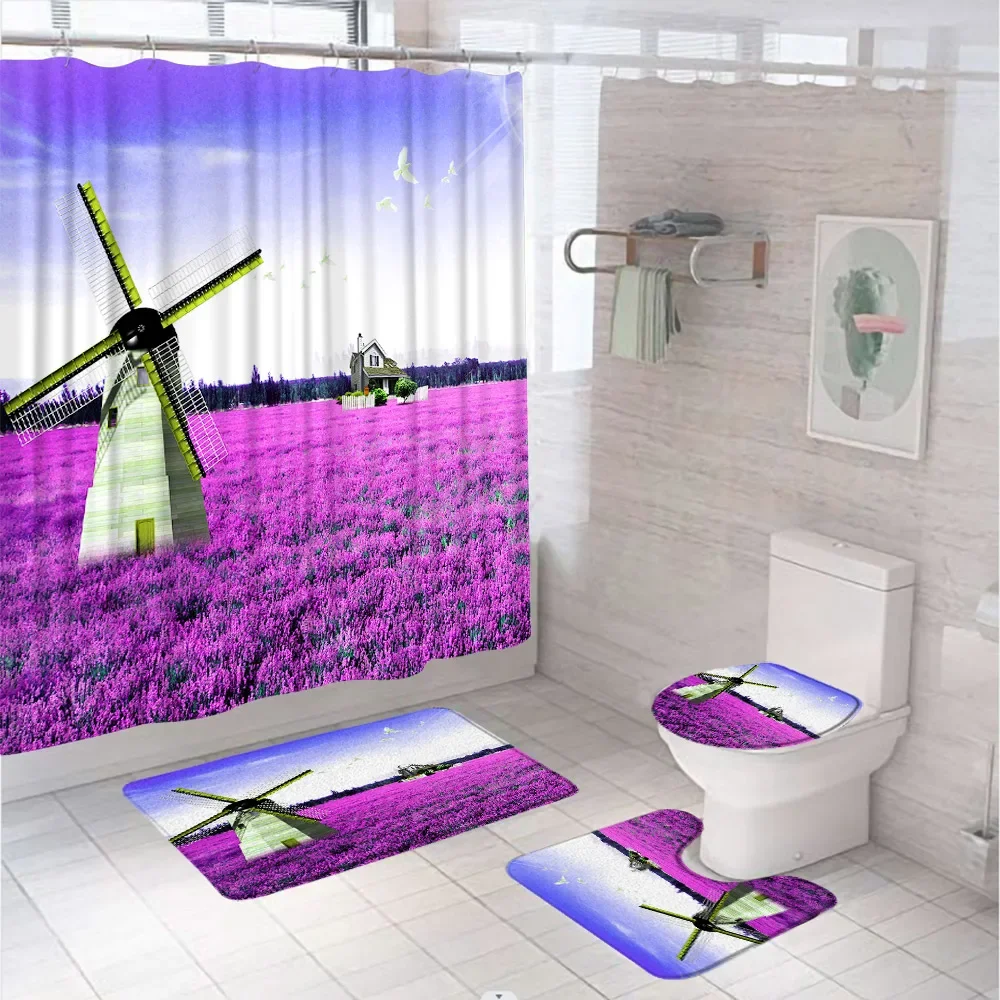 Purple Lavender Windmill Shower Curtain Set Non-Slip Rug Toilet Cover Bath Mat Rustic Flower Scenery Farmhouse Bathroom Curtains