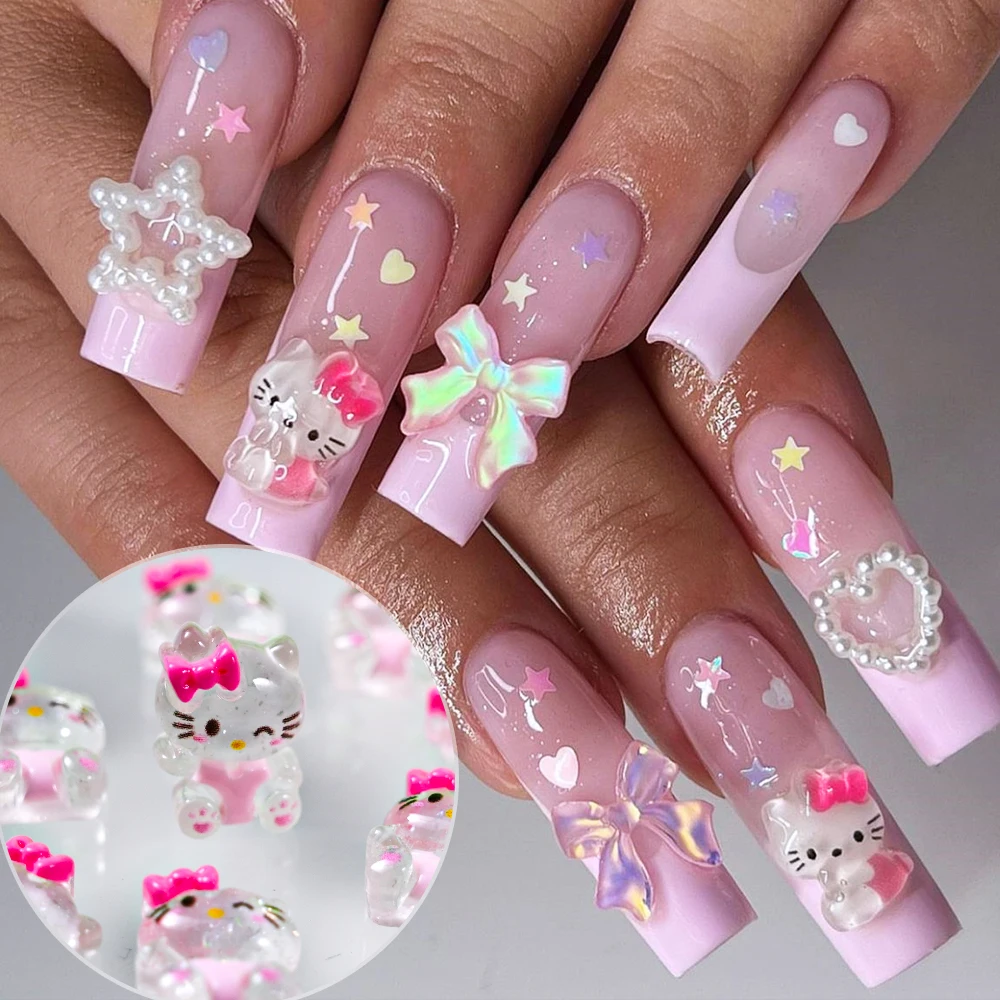10 шт., мини-красные, розовые подвески для ногтей «Hello Kitty», милый котенок, кот, бант, сердце, смола, дизайн ногтей, стразы, сделай сам, поделки, украшение для маникюра