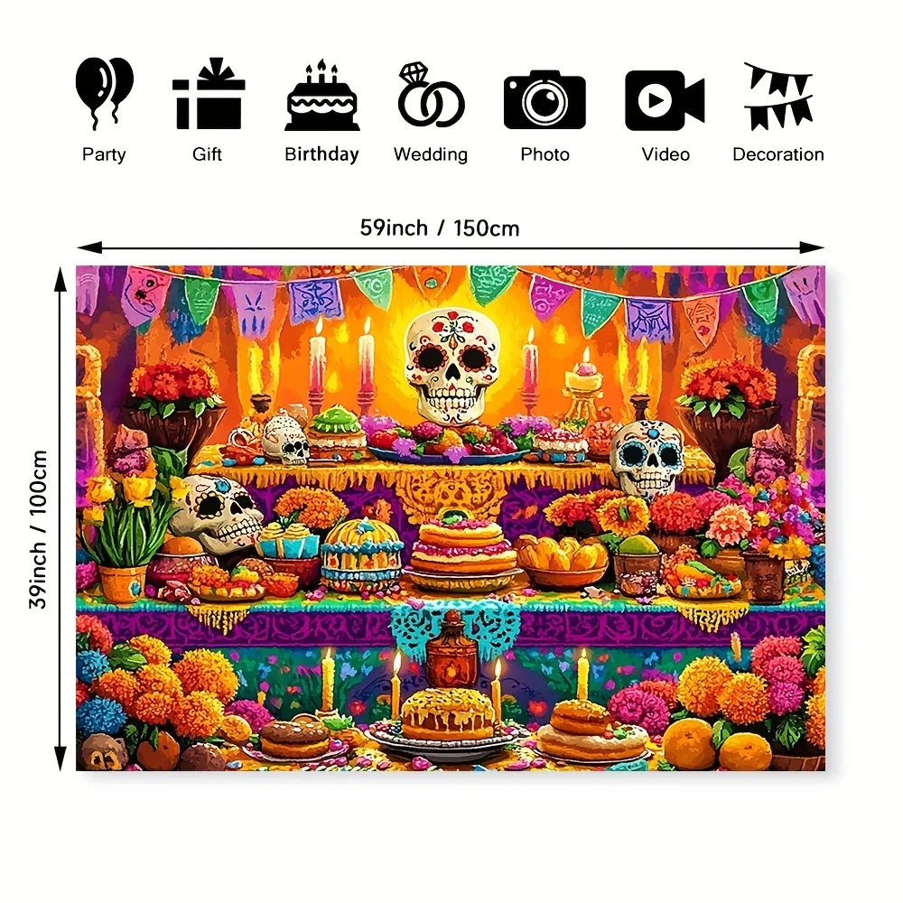 VIKAMA Day of the Dead Tapestry Mexican Sugar Skull Floral Print Banner Perfect for Day of the Dead Weddings and Birthdays