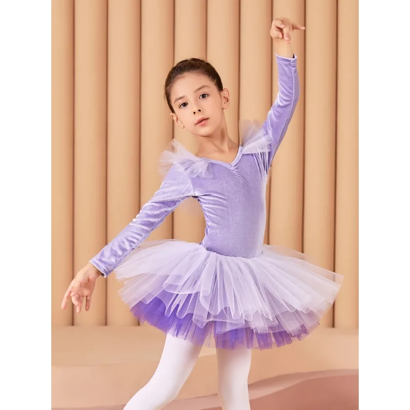 مايوه الباليه الأطفال طويلة الأكمام المخملية ملابس الرقص الدافئة ممارسة الملابس نيسيي الفتيات الباليه تنورة توتو تنورة الباليه