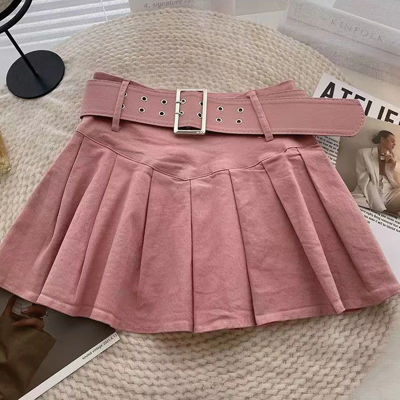 Fashion Belt Pleated Mini Skirt Women Sexy High Waist Casual Sweet Skirts Summer Chic Solid Simple Female Dance A Line Skirt New