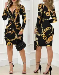 Elegant and Pretty Women's Dresses 2023 Fashion Sexy Deep V-Neck Baroque Chain Print Twist Detail Party Dress Female Clothing