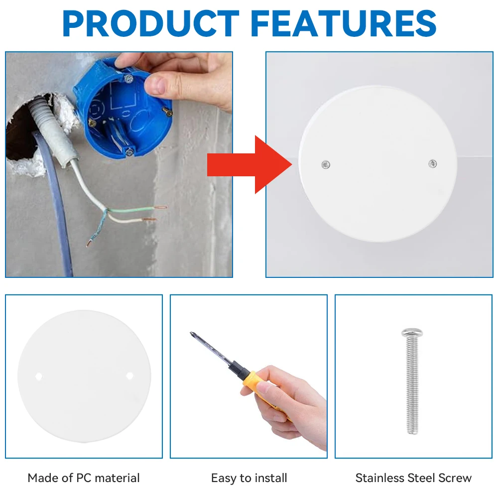 Round Junction Box Cover with Metal Clip, PC Material, Secure Snap Fit, Durable White, 2 Sizes 60x60mm 80x80mm