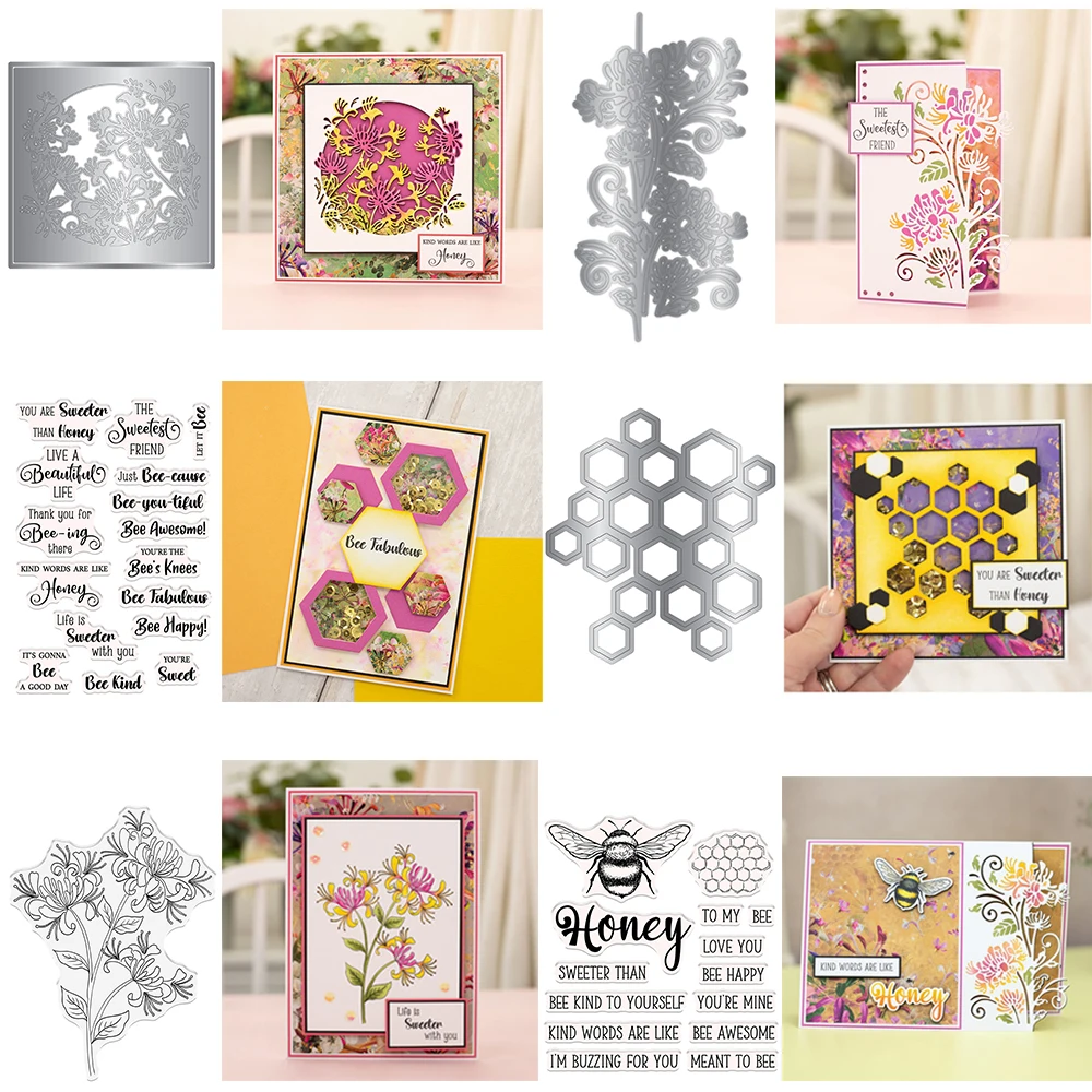 

Honeysuckle Honeycomb Cutting Dies And Stamps Bee Happy Words Flower DieCut Stamp Set For DIY Scrapbooking Card Craft Making New