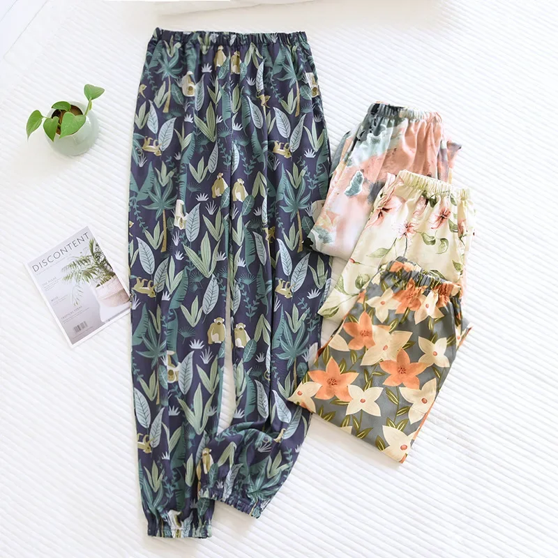 Spring and summer new women's trousers 100% viscose large flowers comfortable pajama pants loose closing home pants plus size