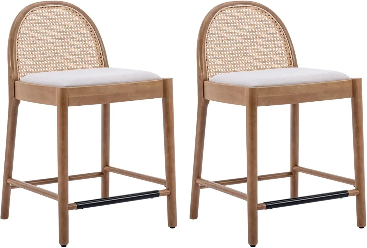 

Modern Counter Stools Set of 2 26 Inches Counter Height Stools with Rattan Backrests and Wood Legs Comfy Rattan Stools Beige