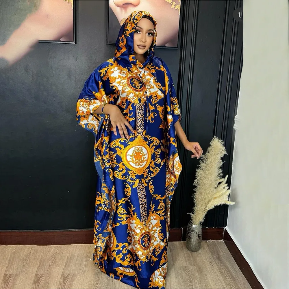 

African Dresses for Women 2024 Muslim Print Boubou Dashiki Ankara Evening Gown Abaya Kaftan Hooded Robe Djellaba Africa Clothing