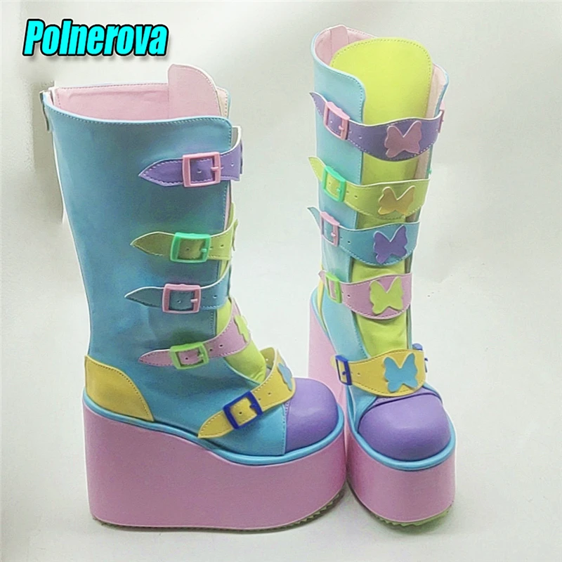 

Rainbow Mixed Colors Belt Buckle Long Boots Sweet Butterfly Decoration Platform Wedge Knee High Boots Y2K Women Shoes Plus Size